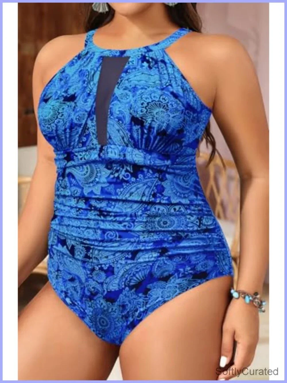 Plus Size One Piece Swimsuit Tummy Control High Neck Ruched Swimwear